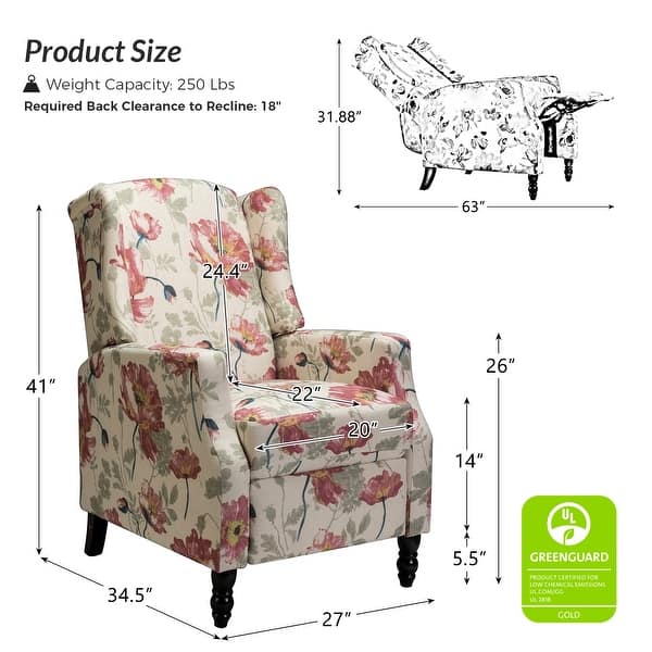 dimension image slide 6 of 9, Damaris Mid-Century Modern Manual Pushback Recliner with Wingback Design by HULALA HOME