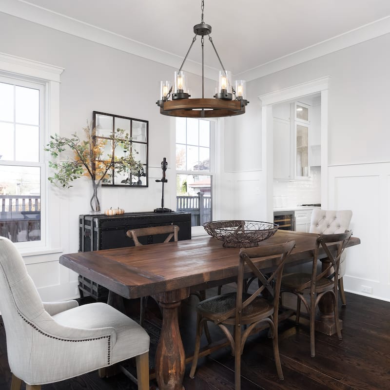 Carbon Loft Farmhouse 6-Light Wagon Wheel Wood Chandelier for Dining Room