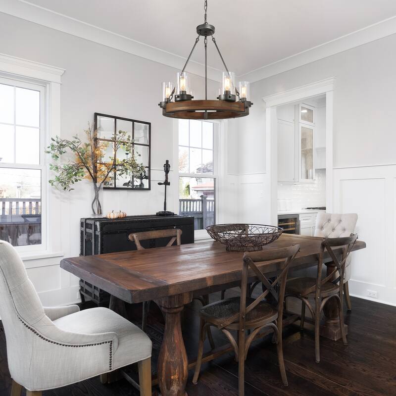 Carbon Loft Farmhouse 6-Light Wood Wheel Chandelier with Glass Shade for Dining Room