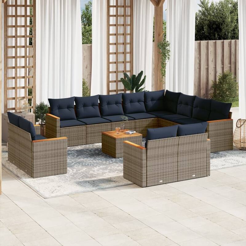 vidaXL 12/13 Piece Patio Sofa Set with Cushions Black/Gray Poly Rattan - 24.4 x 24.4 x 27.2 - Gray With table