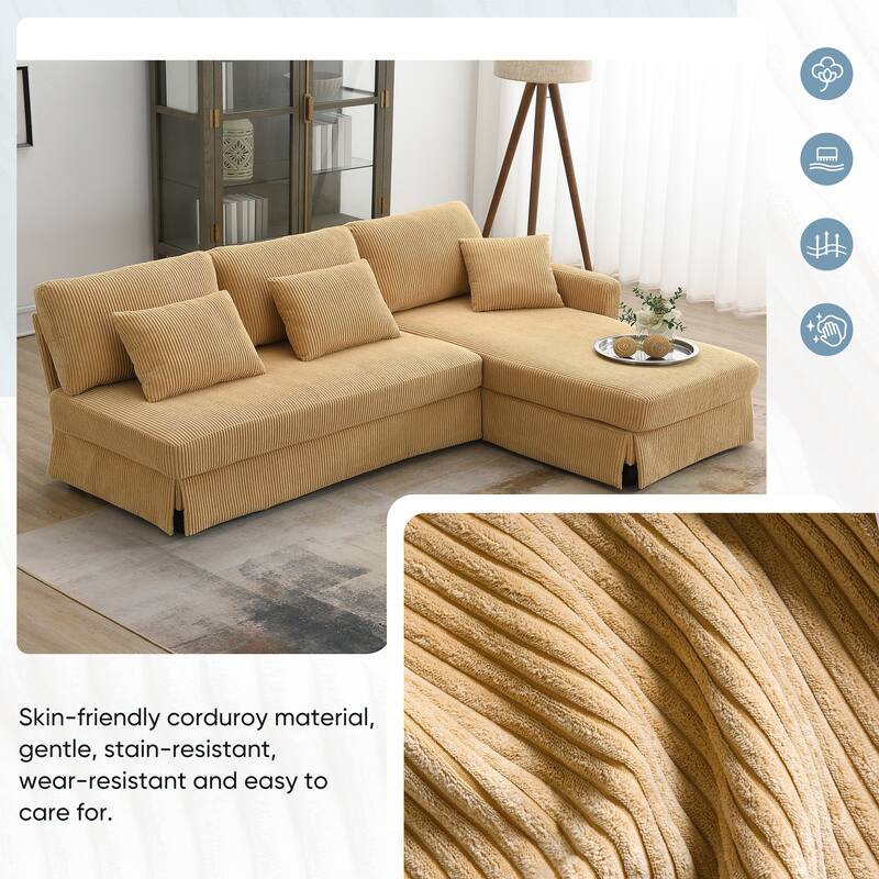 87X61"Modern L-shaped Corduroy Sofa with Reversible Chaise, 4-seat Upholstered Sectional Indoor Furniture for Living Room