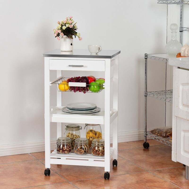 White Kitchen Cart with Storage Drawer and Stainless Steel Top - 18.5" x 14.5" x 33" ( L x W x H )