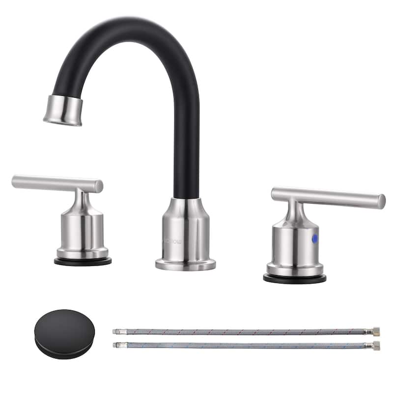 WOWOW 8 in. Widespread Double-Handle Bathroom Faucet with Drain Kit - Brushed Nickel and Black