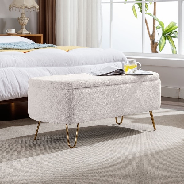 Modern Fuzzy Storage Bench, Upholstered Ottoman with Storage Space and