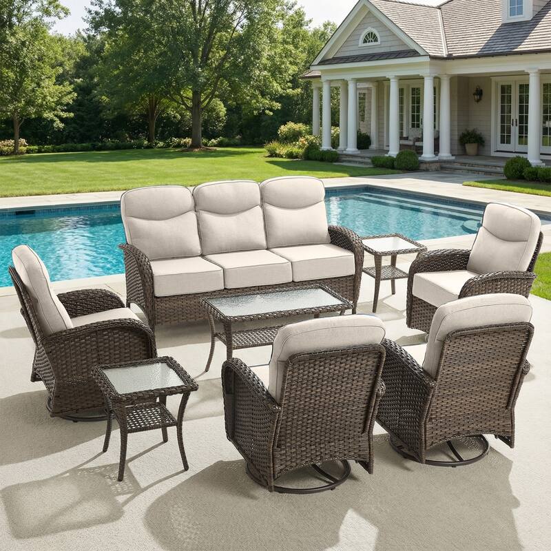 Pocassy Outdoor Wicker Patio Sofa with Swivel Chair Ottoman Sets - Brown Wicker Beige Cushion - 8-Piece Sofa Swivel Chair with Table