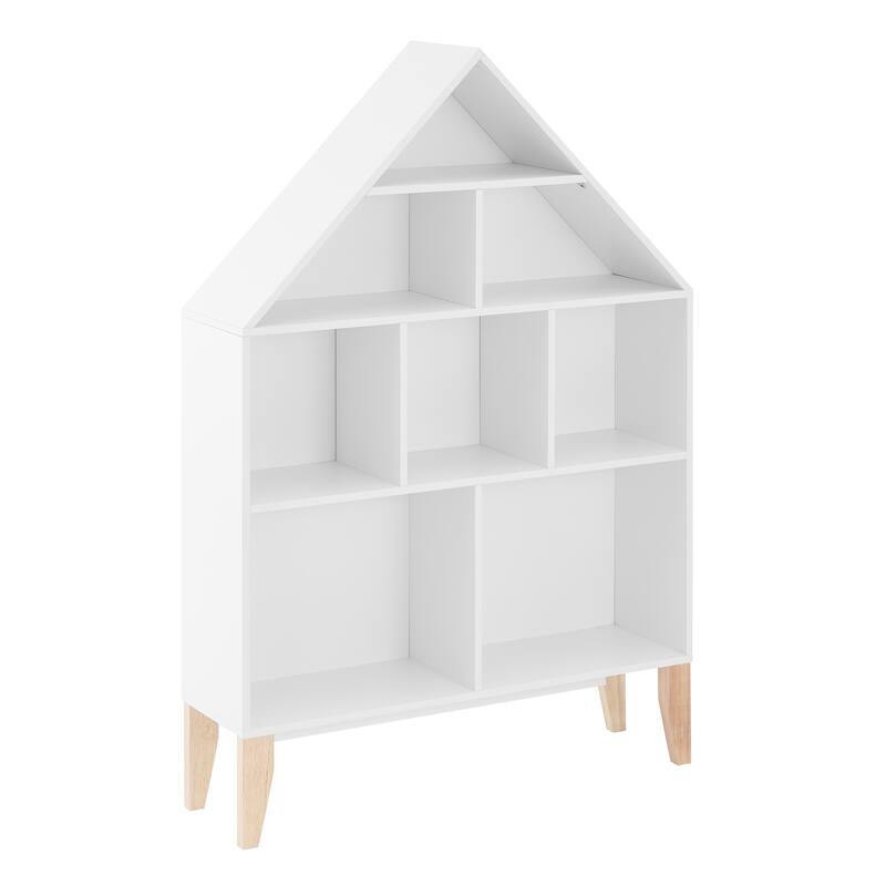 Danya B. Steiner White Dollhouse 8-Compartment Kids Book or Toy Figure Display Unit Freestanding Bookshelf with Beech Legs