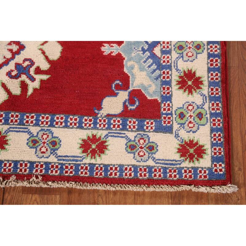 Red Kazak Rug Handmade Geometric Wool Carpet - 3'5"x 5'1"