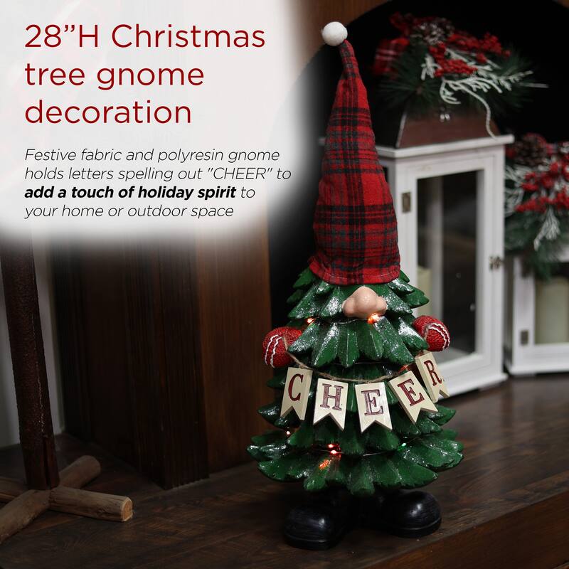 Alpine Corporation 28"H Polyresin Christmas Tree Gnome Decoration with Color Changing LED Lights