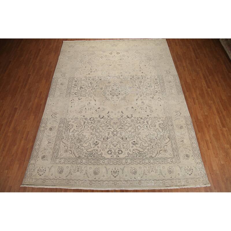 Hand Knotted Oriental 100% Wool Carpet Traditional Floral Beige & Ivories Tabriz Area Rug - 12' 8'' X 9' 9''