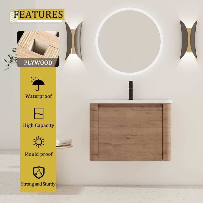 28'' Wall-Mounted Bathroom Vanity with White Ceramic Sink & 1-Soft-Close Door, KD-Packing, Plywood
