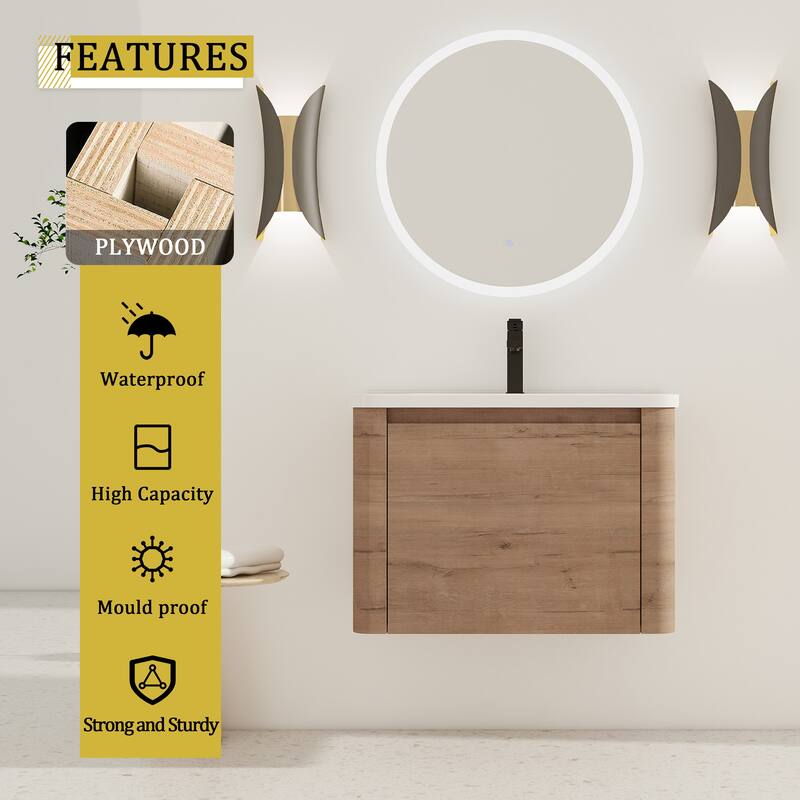 Floating Bathroom Vanity with Sink, Wall-Mounted Bathroom Storage Cabinet, Vanity Cabinet & Ceramic Sink Set - Imitative Oak - 28 Inch