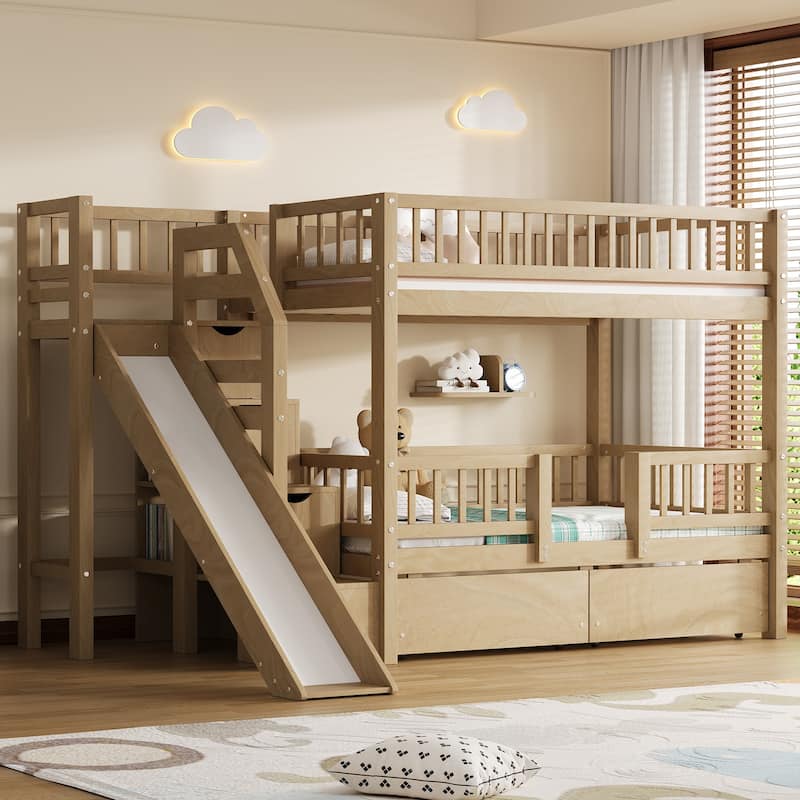 Roomfitters Twin Over Twin Bunk Bed with Slide, Storage Staircase and Drawers - Walnut - Twin
