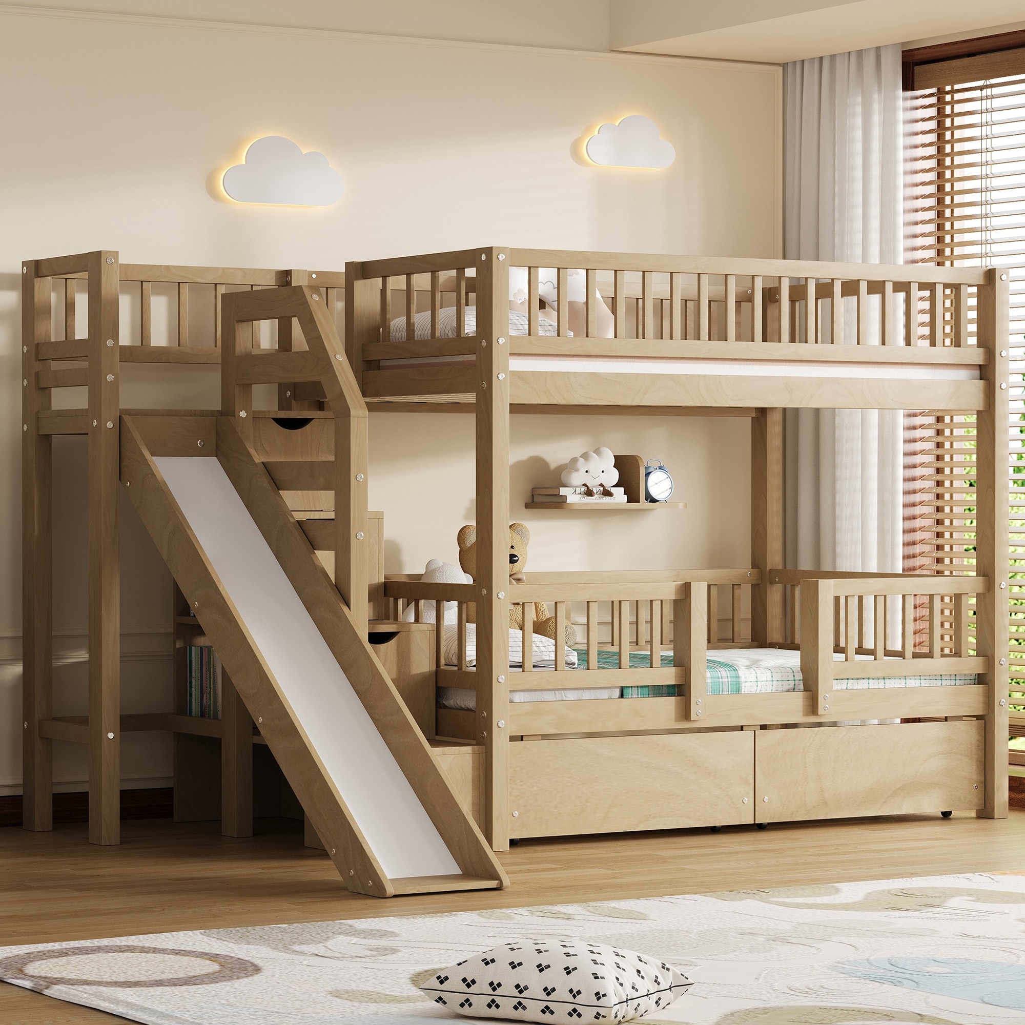 Twin Over Twin Bunk Bed with Slide, Staircase Drawers & Hidden Storage by Harper&Bright Designs
