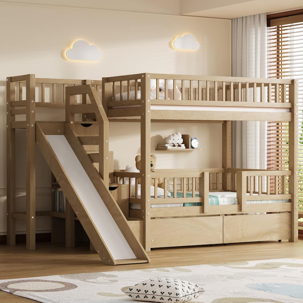 Twin Over Twin Bunk Bed with Slide, Staircase Drawers & Hidden Storage by Harper&Bright Designs