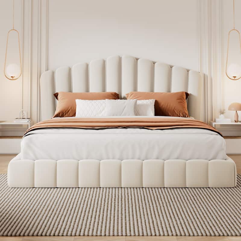 Velvet Upholstered Queen Bed Frame Floor Bed Shell-Shaped Headboard Wingback Frame Bed, No Box Spring Needed