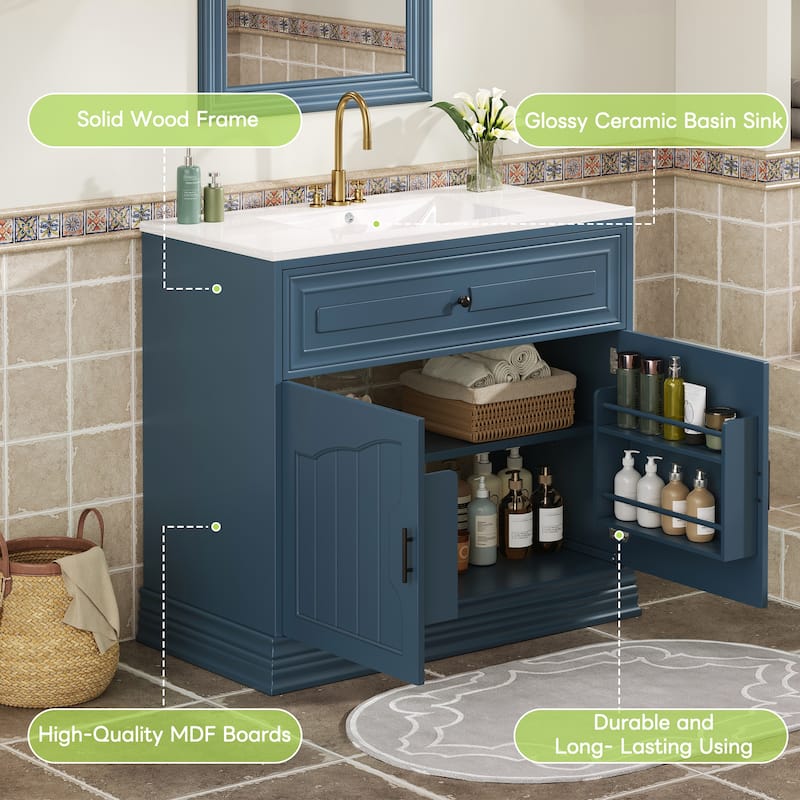 36" Wood Bathroom Vanity with Ceramic Sink and 2 Closing Doors