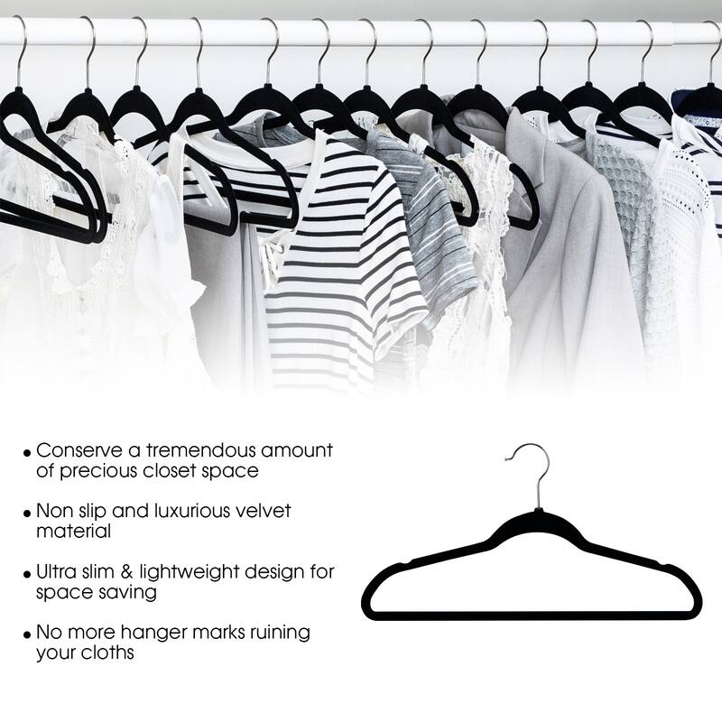 Elama Home 50Pc Velvet Slim Clothes Hangers w/SS Swivel Hooks in Black