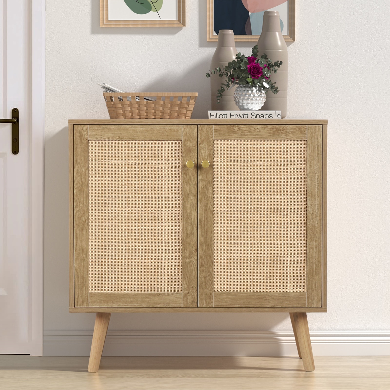 Anmytek 2 Doors Accent Cabinet Sideboard with Pine Wood Legs