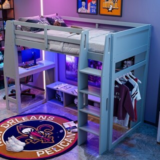 Wood Gaming Loft Bed with Desk, Bookcase, LED and Hanging Clothes Rack