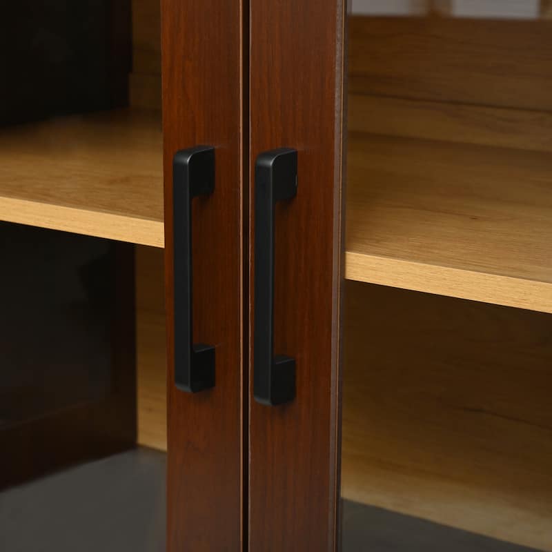 Farmhouse TV Stand with Semi-Arched Glass Doors for TVs Up to 70",Adjustable Shelves,Wood Grain Sideboard with Cable Management