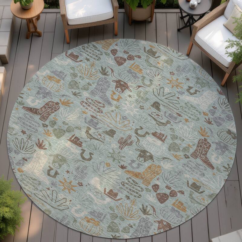 Machine Washable Indoor/ Outdoor Modern Ranch Chantille Rug - Sage - 8' x 8'