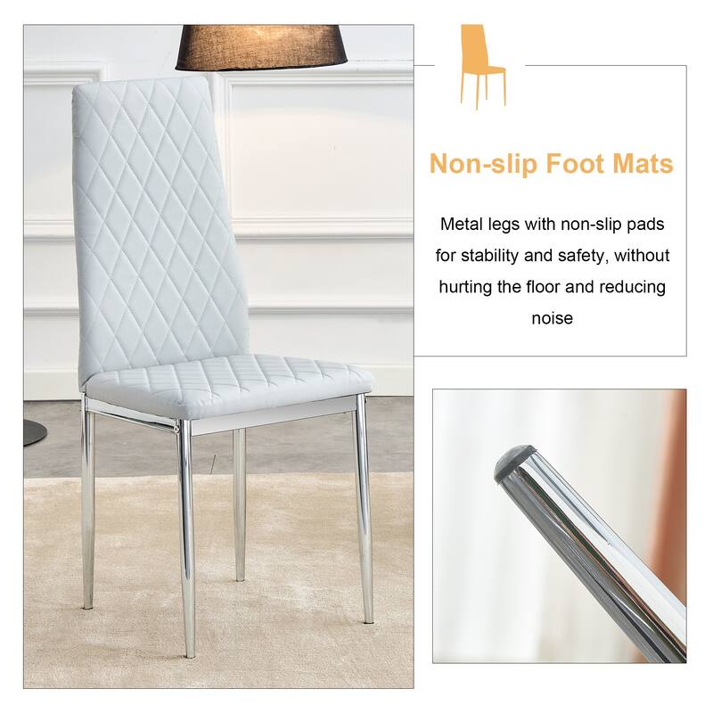 Leather Dining Table Chair Set of 6, High Back Dining Chair, Grid Armless Lounge Chair, Office Chair with C-Shaped Metal Legs