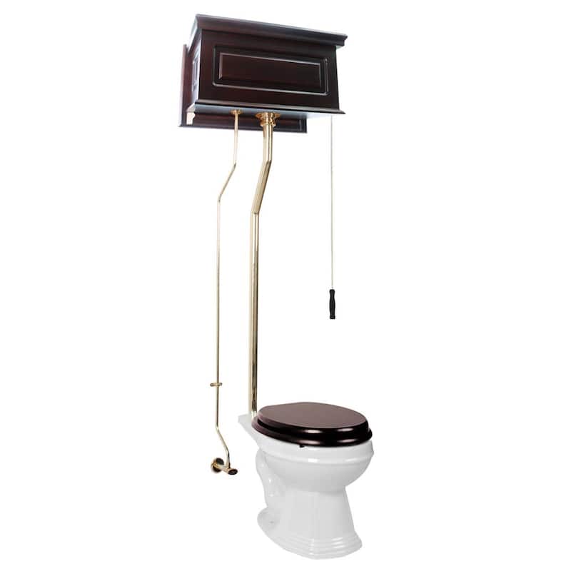 High Tank Toilet - Dark Oak Wooden Raised Tank, Elongated White Bowl and Brass L Pipes Renovators Supply