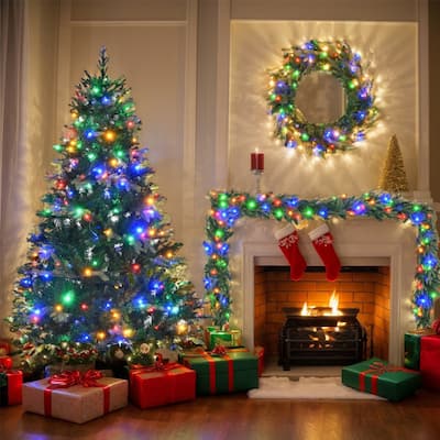 6FT Pre-Lit Artificial Christmas Tree Set with Wreath & Garland, Green Xmas Decor with Multi-Color Lights & 11 Lighting Modes