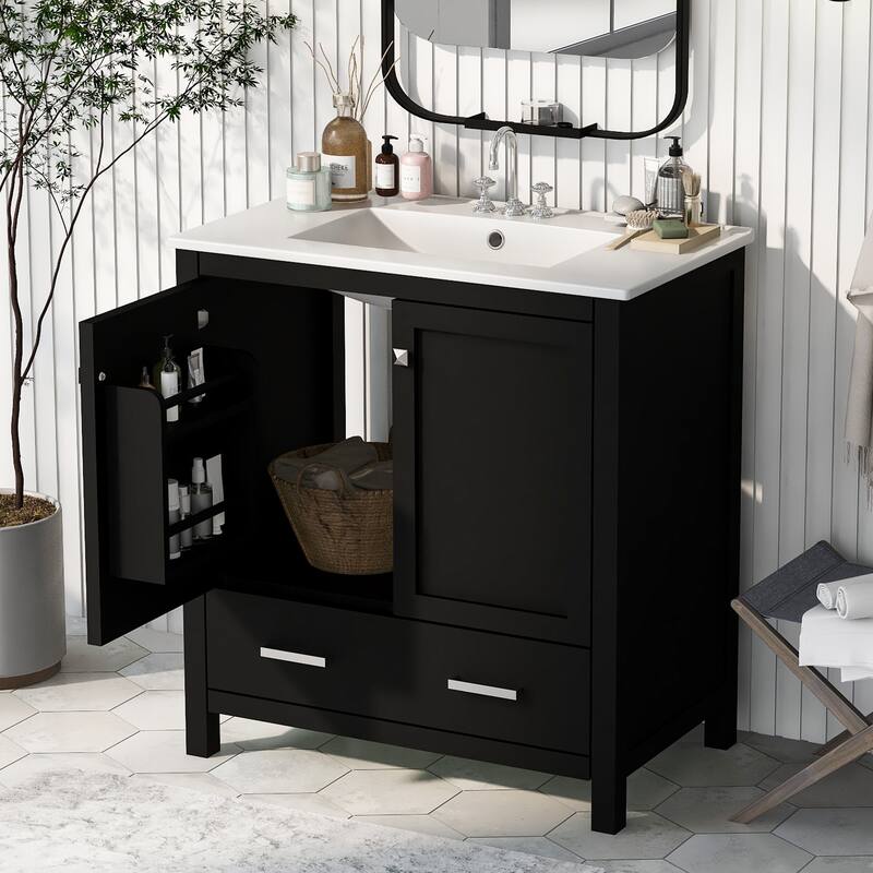 30" Bathroom Vanity with Single Sink Soft Closing 2 Doors and a Drawer - Black