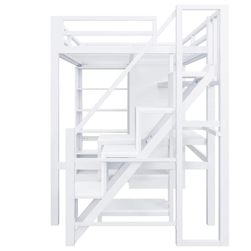 Full-Size Metal Loft Bed with Built-in Wardrobe, L-Shaped Desk, Charging Ports, and Multi-Layer Storage Shelves
