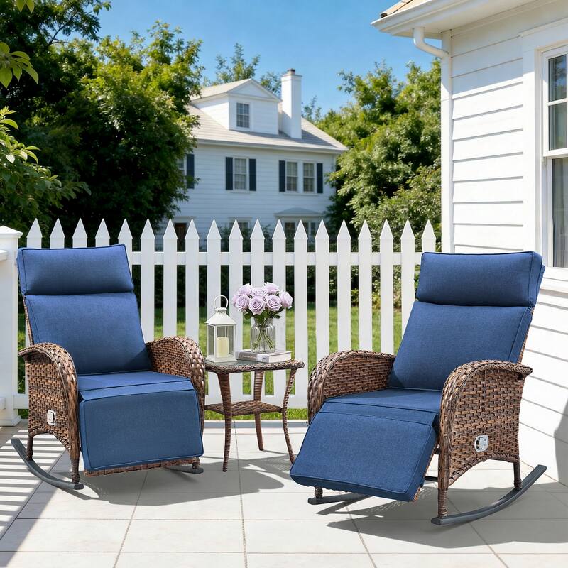 Pocassy Outdoor Patio Rocking Lounge Chairs with Adjustable Backrest Set. - Brown Wicker with Blue Cushion - 3 Piece Rocker Recliner Chair with Side Table