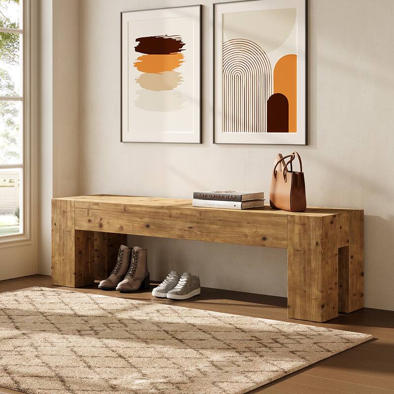 63'' Solid Wood Entryway Bench Rustic Extra Long Heavy Duty Bench - Walnut Brown