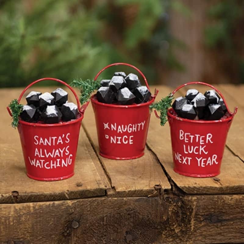 Red Metal Christmas Buckets with Coal Accents Swing Handles and Decorative Text 3 Asstd. - 3" H x 2.5" Dia