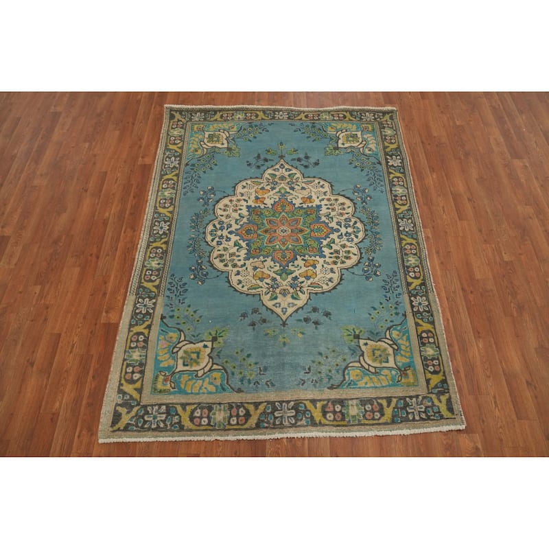 Hand Knotted Oriental 100% Wool Carpet Traditional Floral Navy Blue & Blues Tabriz Area Rug - 6' 4'' X 4' 9''