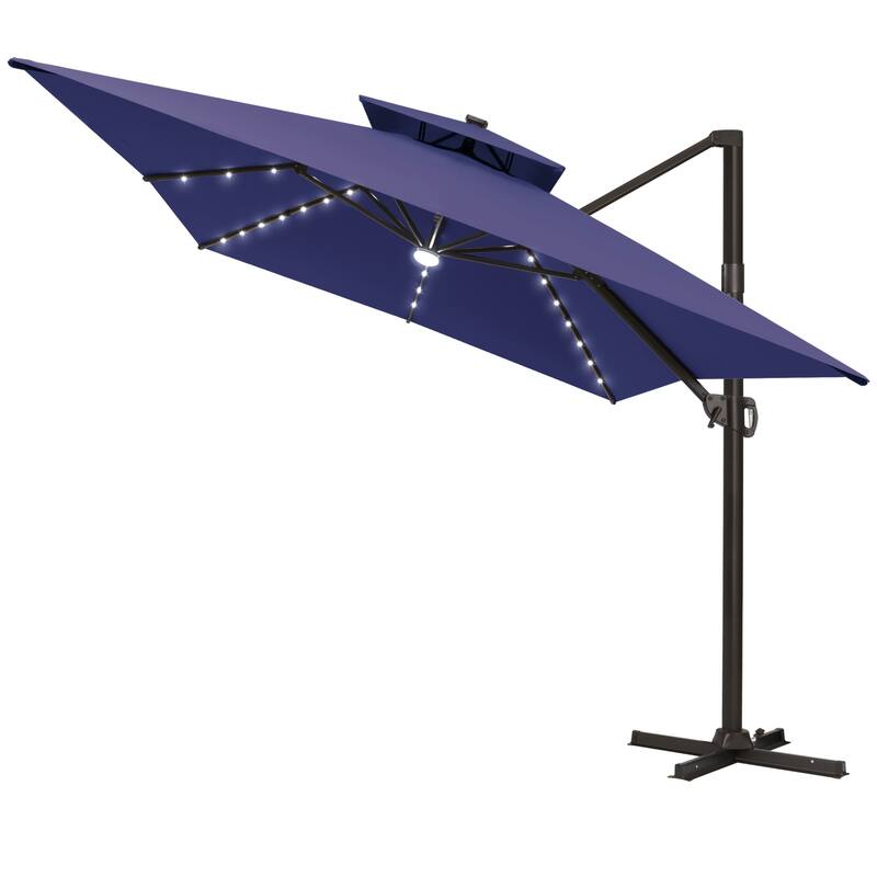 Pellebant Outdoor 10x13FT Patio Cantilever Umbrella Dual Top Lar Lighted - NavyBlue