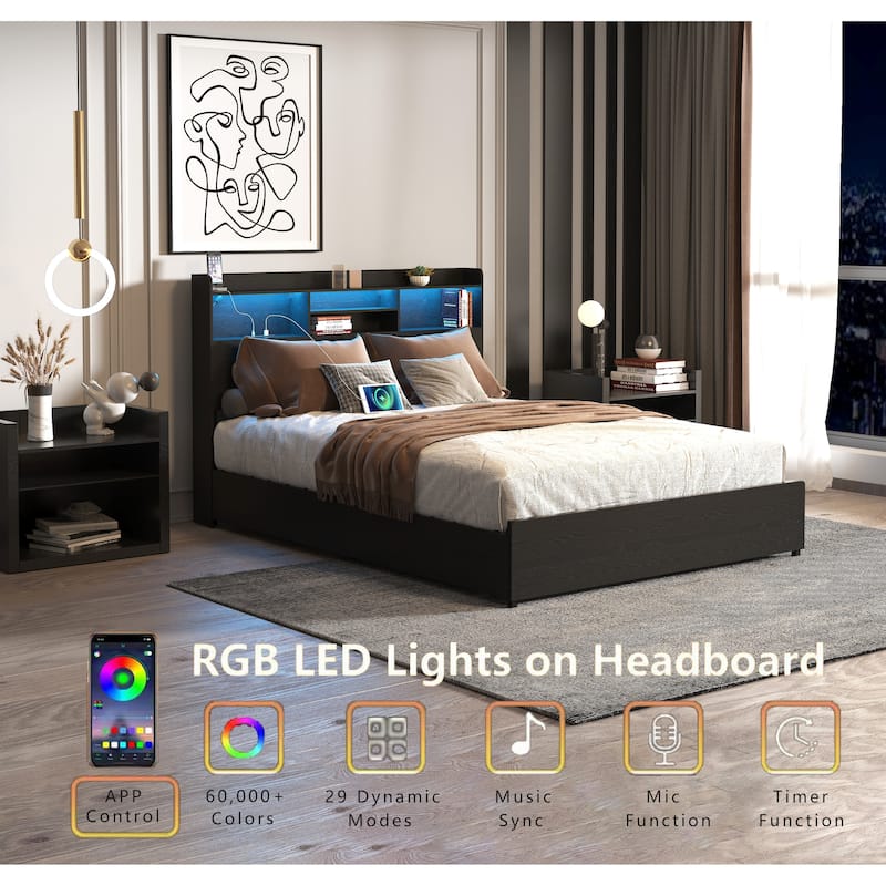 Platform Bed Frame with Storage Headboard, USB Charging Station, LED Lights, Storage Shelf, 4 Storage Drawers, No Noise, Black