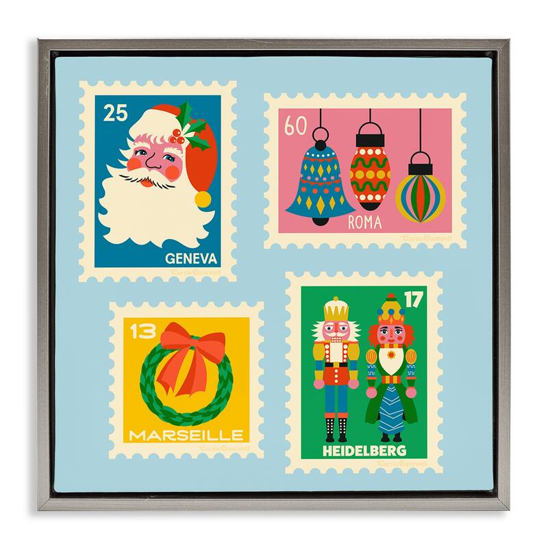 Stupell Vintage Christmas Postage Stamps Framed Floater Canvas Wall Art Design By Carrie Cantwell - 25 x 25 - Grey