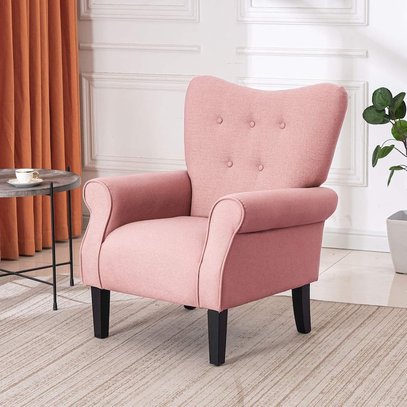 Erommy Modern Accent Chair, High Back Armchair, Upholstered Fabric Button Single Sofa with Wooden Legs for Living Room - Pink - Solid