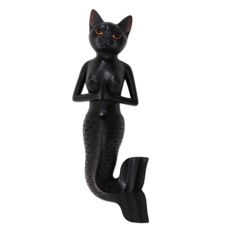 Handmade Black Mermaid Cat Wood wall sculpture (Indonesia)