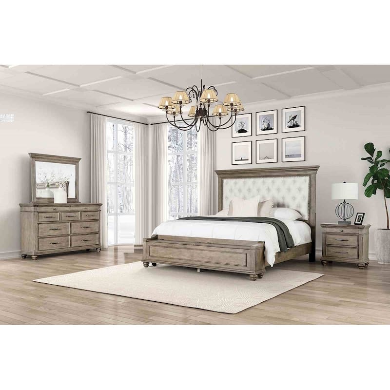 Transitional Oak Finish 4Pc Bedroom Set Upholstered Bed w Built-in Storage Bench