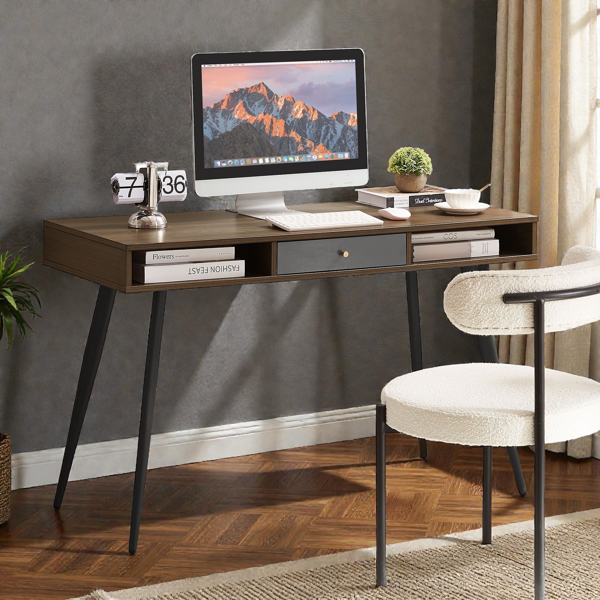 Mid Century Writing Desk with USB Ports and Power Outlet, Computer Desk with Drawers, Home Office Study Desk
