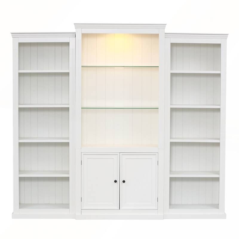 78.75IN Tall 3-Pieces Bookcase Display Cabinet with 5-Color Adjustable LED Ceiling Light and Tempered Glass Shelves