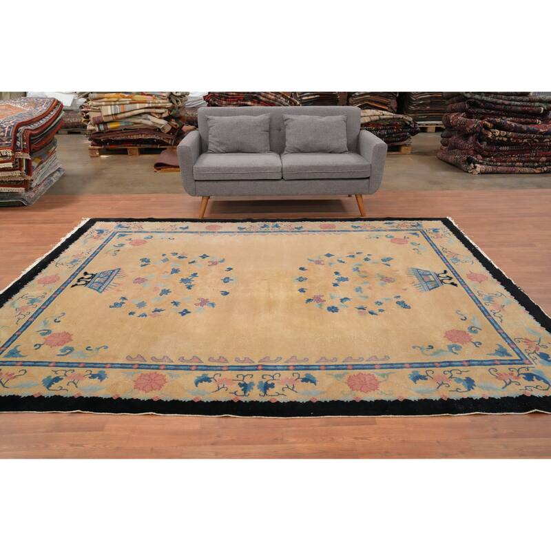 Hand Knotted Oriental 100% Wool Carpet Traditional Floral Oranges & Rust Art Deco Area Rug - 9' 9'' X 7' 11''