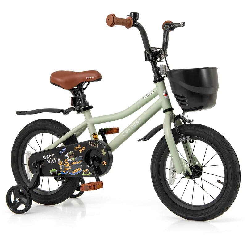 Costway 12"/14"/16"/18" Kid’s Bike with Training Wheels Adjustable - 14"-Green - 14 inch