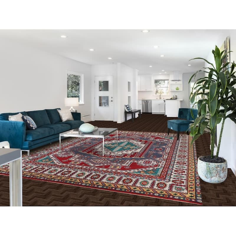 Geometric Kazak Area Rug Handmade Wool Carpet - 8'10" x 11'11"