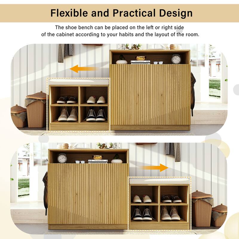 Entryway Shoe Cabinet with Bench, 2-Door Storage Console with Adjustable Shelves, 4 Open Shoe Racks & Cushion