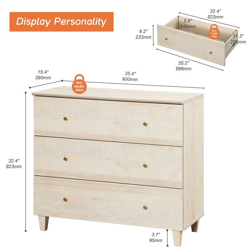 WAMPAT 3-Drawer Dresser and Nightstands Set of 3 for Bedroom