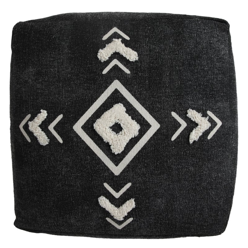 18-Inch Black Cotton Pouf Ottoman with Geometric Design for Living Room