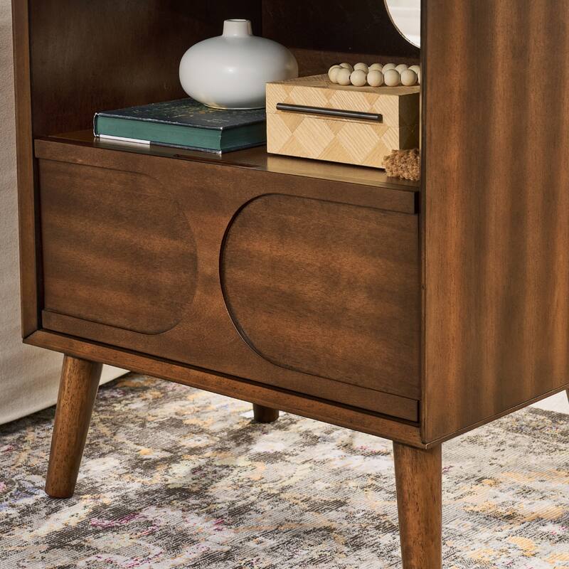 Mid Century Modern Fluted Nightstand with Charging Station USB Ports & Outlet Hole & 4 Solid Wood Legs