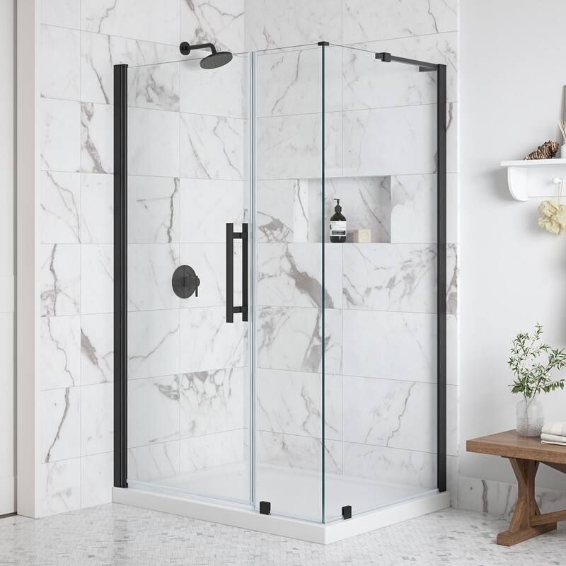 OVE Breeze Pivot Corner Frameless Pivot Shower Door Kit with Base Pan - 48" - Matte Black